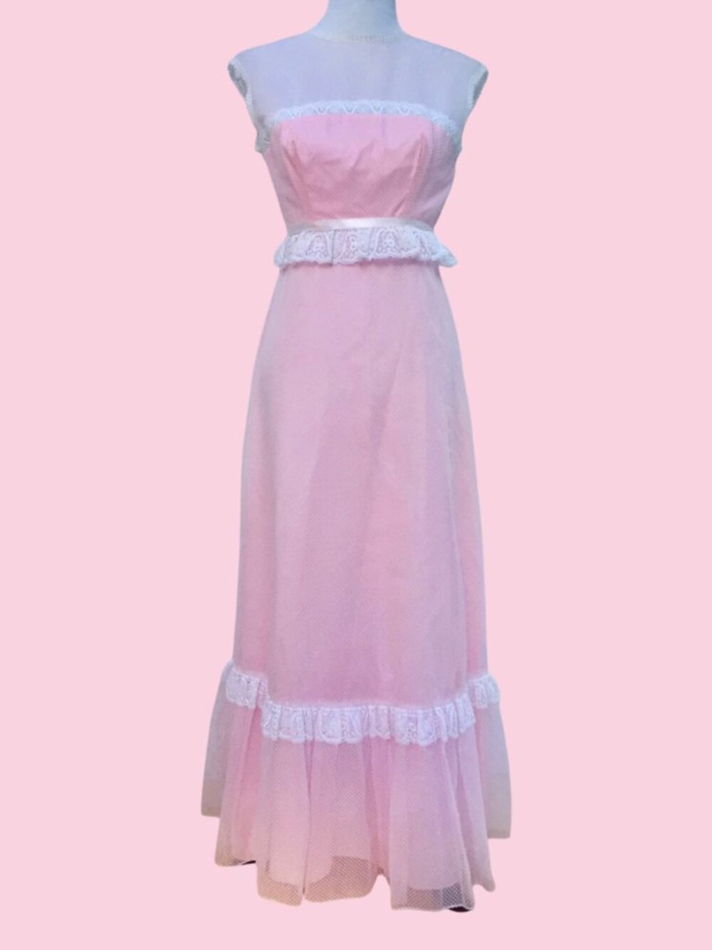 Vintage 1960s Pink Swiss Dot Lace Maxi Dress Prom Bridesmaid Gown XS/S
